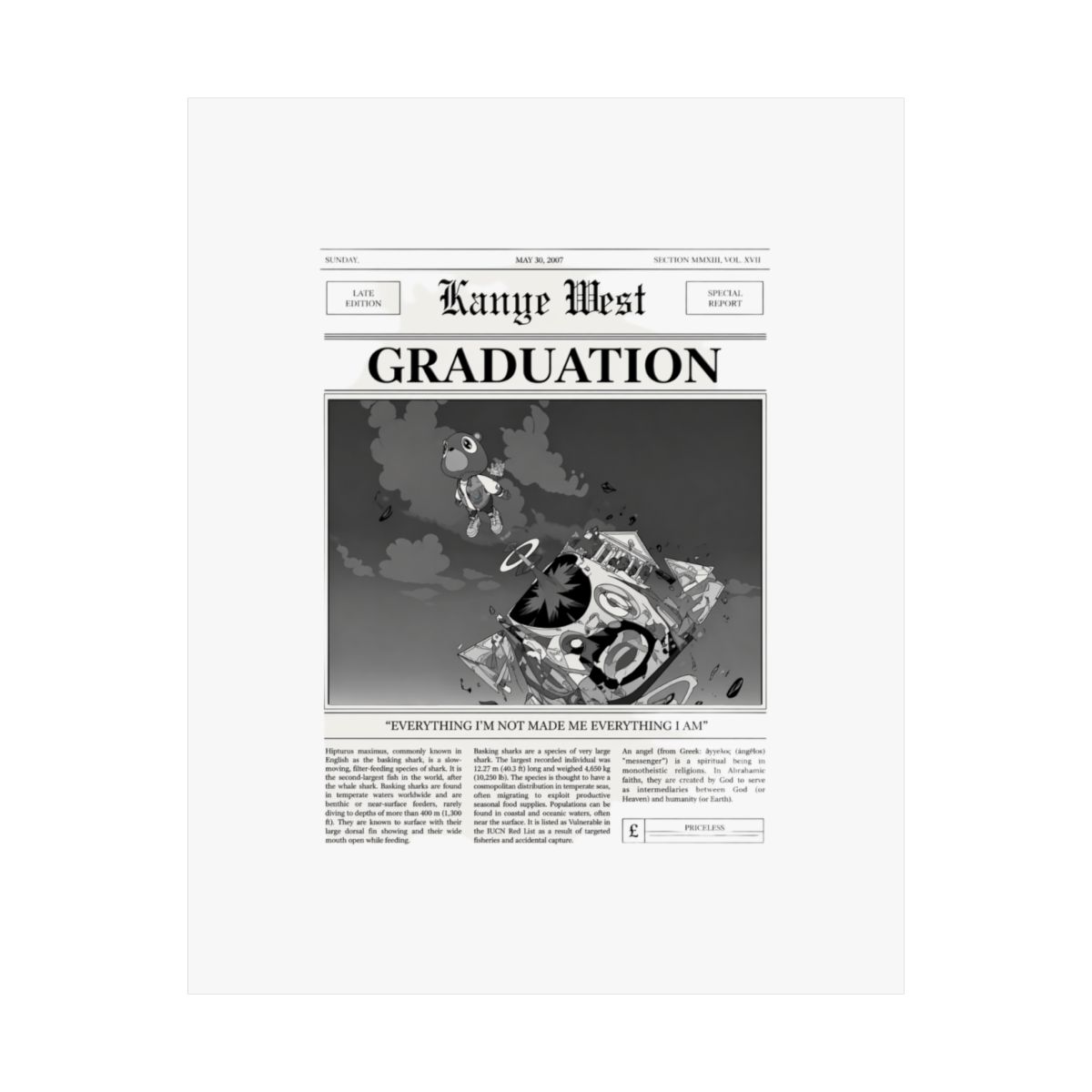 Kanye West Graduation Quote Poster | Black & White Newspaper Wall Art Print