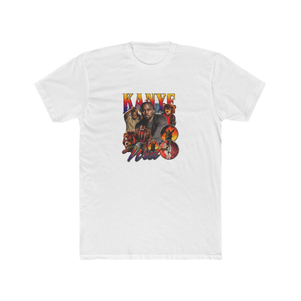 Black T Shirt featuring a graphic print of Kanye West and the text "Kanye West" in a colourful, vintage style