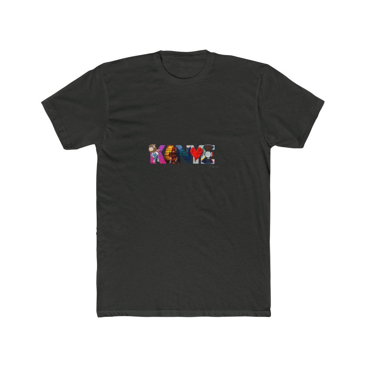 Black T Shirt with the word "Kanye" in colourful, stylised letters, incorporating various images within the letters. The word "west" is written below the word "Kanye"