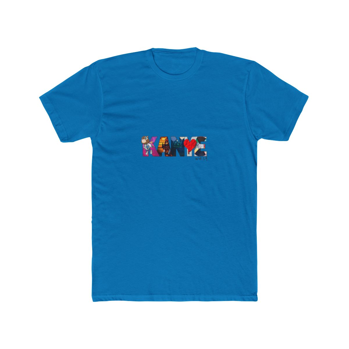 Black T Shirt featuring the name "KANYE" in colourful block letters. The letter "Y" is a red heart. The word "west" is written below the name in a smaller font. The shirt is made of a soft material