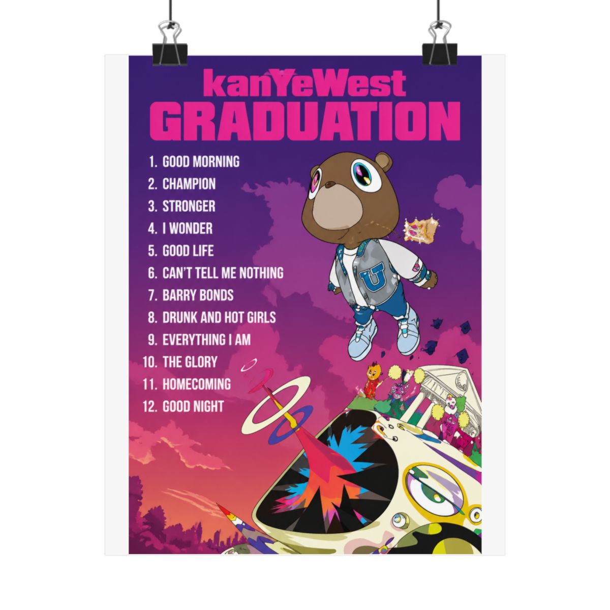 Vibrant Purple Pink Bear Music Tracklist Poster | Retro Pop Wall Art Print